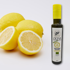 Glazen fles koudgeperste, gearomatiseerde olijfolie met citroen van S&J Gusto. Heldere, frisse citrusolie.