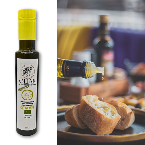 Italiaanse Citroen Olijfolie S&J Gusto (EVOO) uit Cannara, Umbrië. Ideale 250 ml proeffles voor vis en salades.