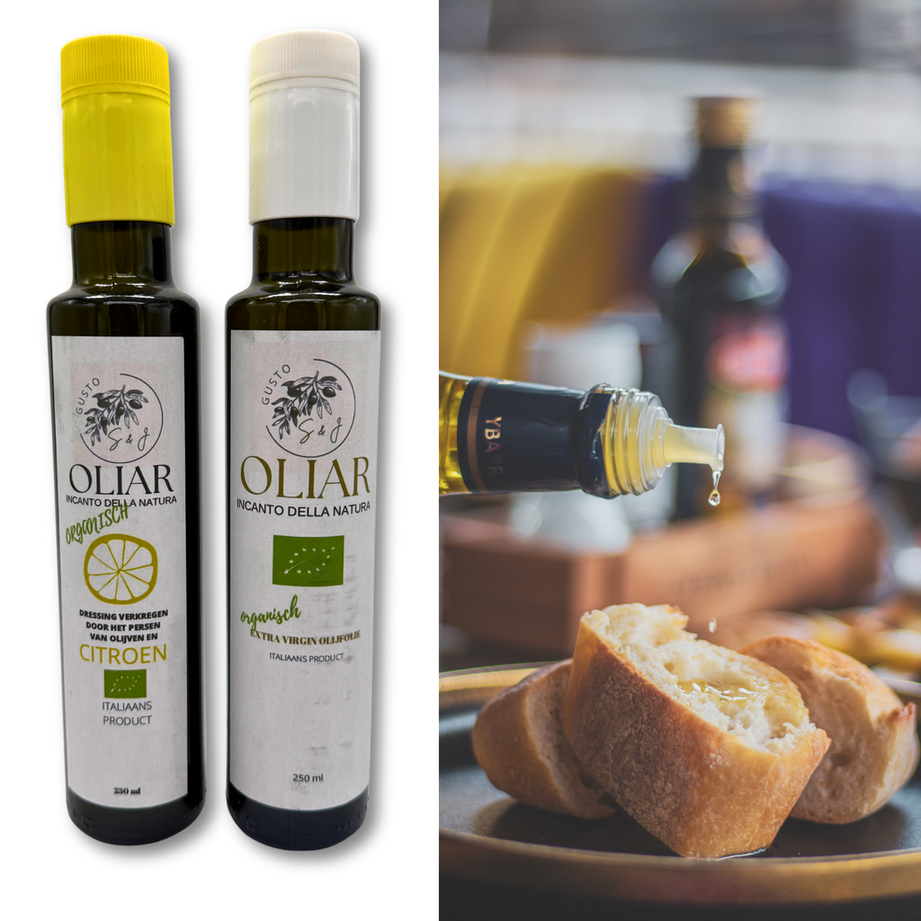 Afbeelding van een cadeauverpakking met twee flessen S&J Gusto olijfolie; de set bevat de klassieke en de frisse citroensmaak.